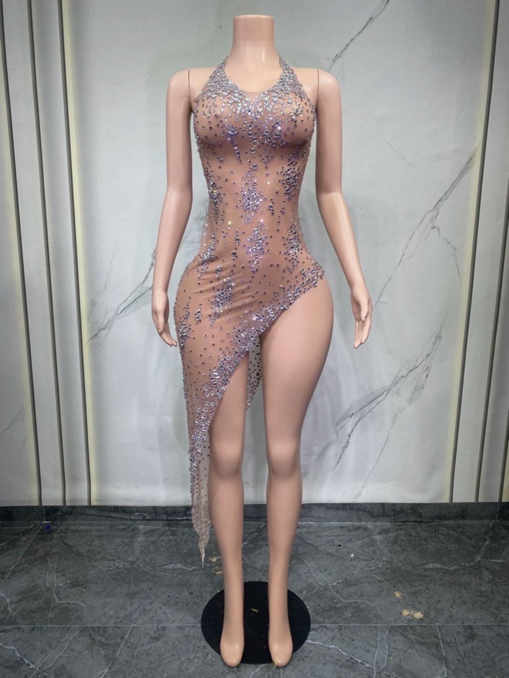 Halter Nude-Asymmetrical Sequin Dress in silver Accent